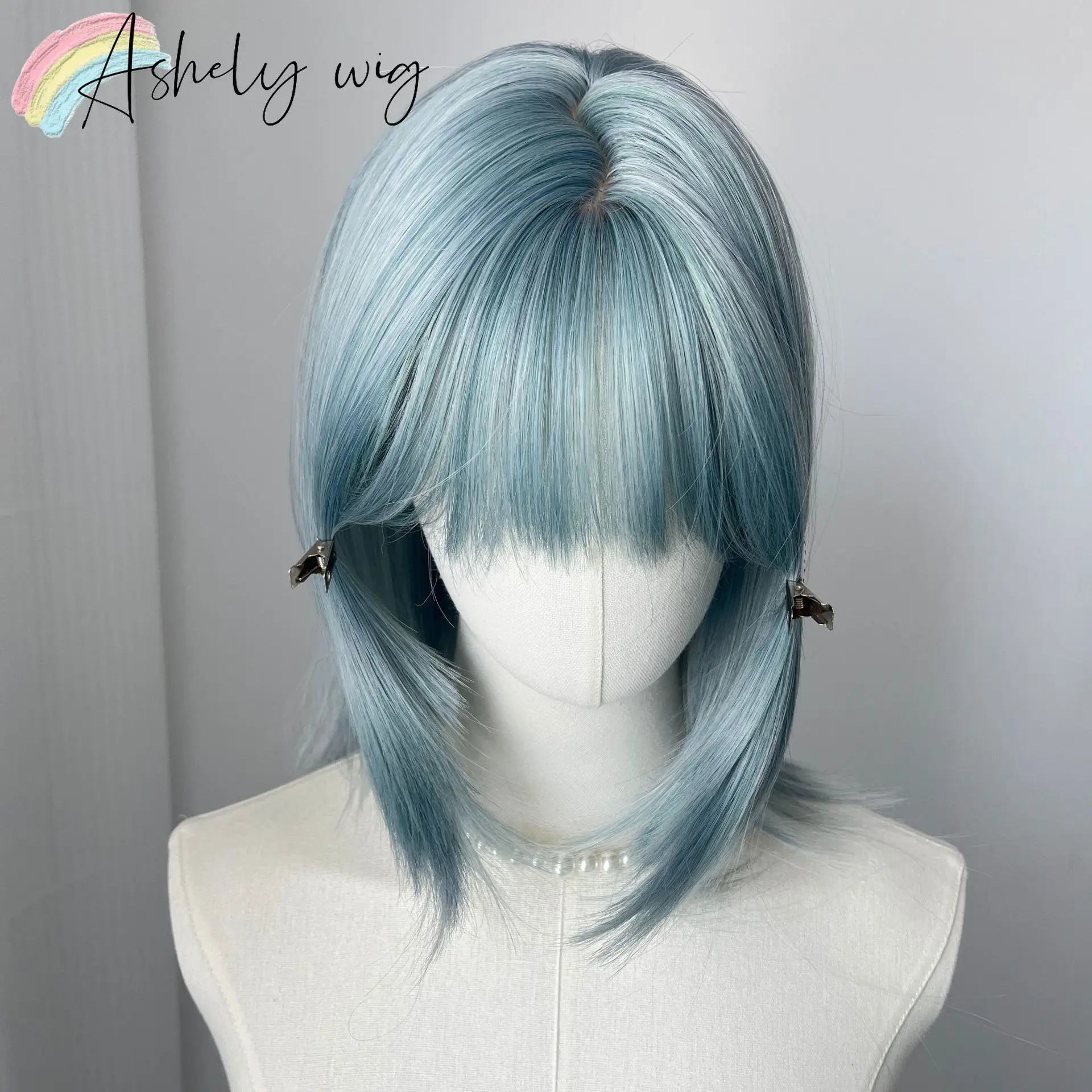 Misty Blue The Wig Features A Mullet Hairstyle Wolf Tail Hairstyle Straight Bangs Collarbone Hair Wig Natural Grayish-blue Color