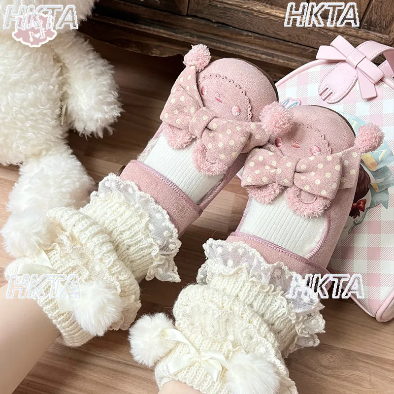 Japanese Autumn Winter New Kawaii Low Heel Pumps Lolita Shoes Sweet Cute Cartoon Embroidery Polka Dot Bow Warm Fur Shoes Women