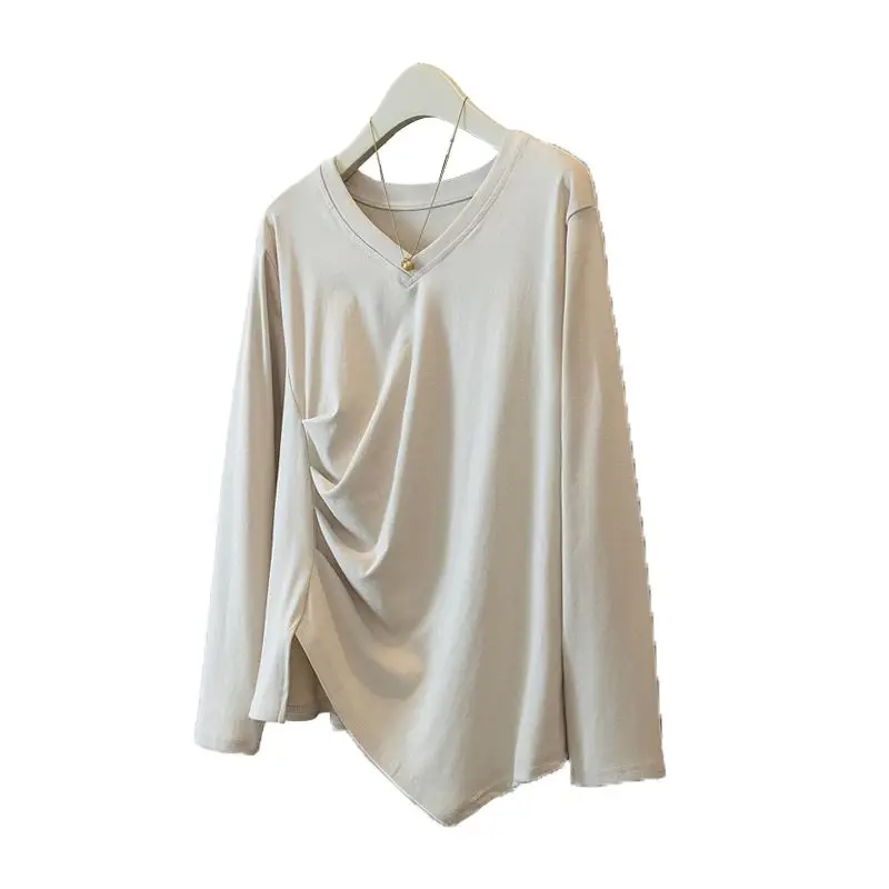 

Spring and Autumn Irregular V-neck Straight Shoulder Loose Mid-length Loose Casual and Versatile Base Long-sleeved Top for Women