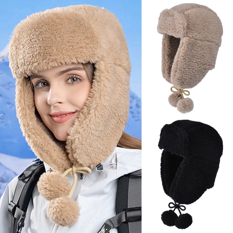 Chapéus bomber de pelúcia de inverno para mulheres menina engrossar quente earflap chapéu à prova de vento térmico ushanka chapéu ao ar livre frio esqui escalada bonés