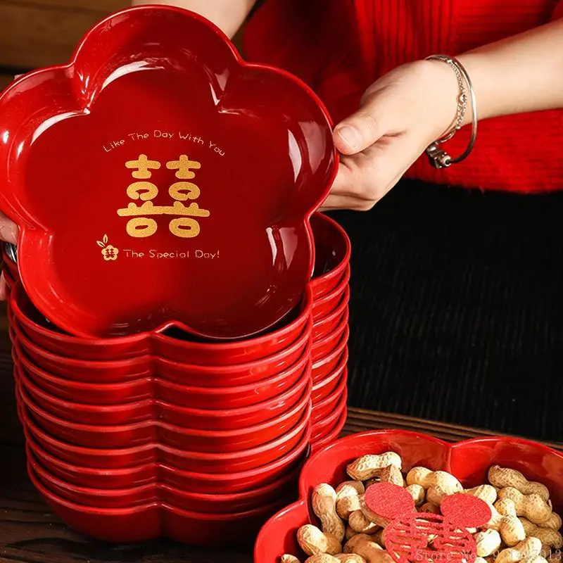 4pc Chinese Style Celebration Wedding Fruit Plate Home Restaurant Living Room Engagement Supplies Red Plastic Wedding Sugar Tray