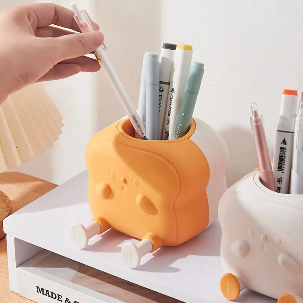 

Durable Cartoon Toast Pen Holder Cute Space Saving Makeup Brush Holder Phone Holder Plastic Desktop Organizer Office