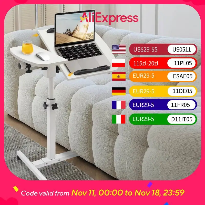 MDFテーブルスタンド 調節可能なローリングラップトップテーブル 高さ調節可能 60-95cm コンピューターデスクスタンド ホイール付き ホワイト