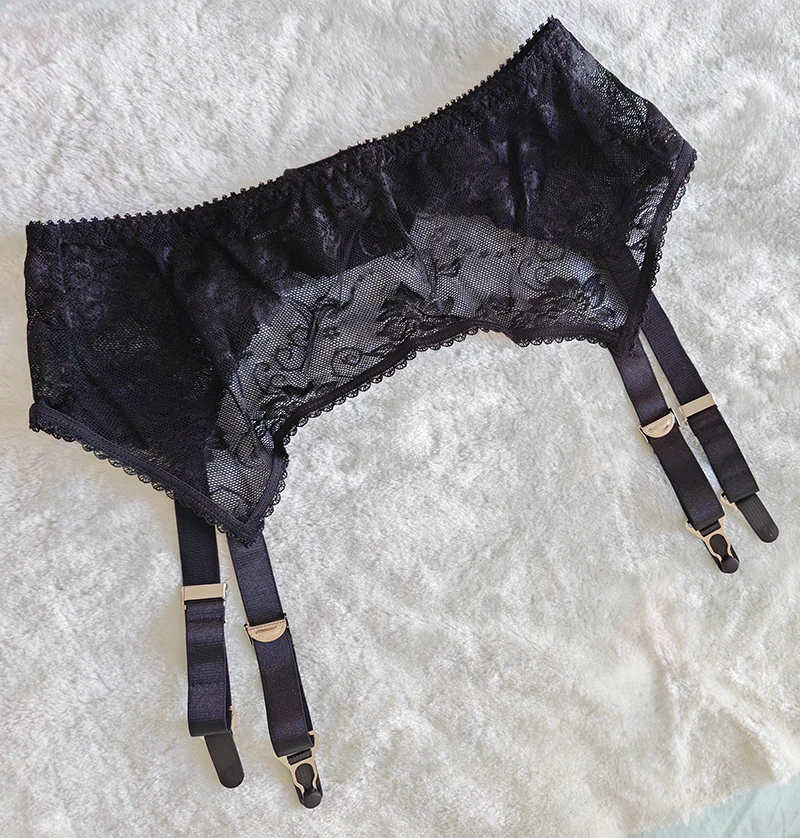 Elegante lencería de encaje negro completo con bordado liso hueco, tirantes anchos ajustables, clips metálicos para liguero, ...