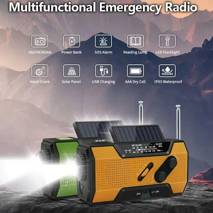 Multifunctional Radio Hand Crank Solar USB Charging FM AM WB 2000mAh Weather Radio Emergency LED Flashlight Torch Power Bank