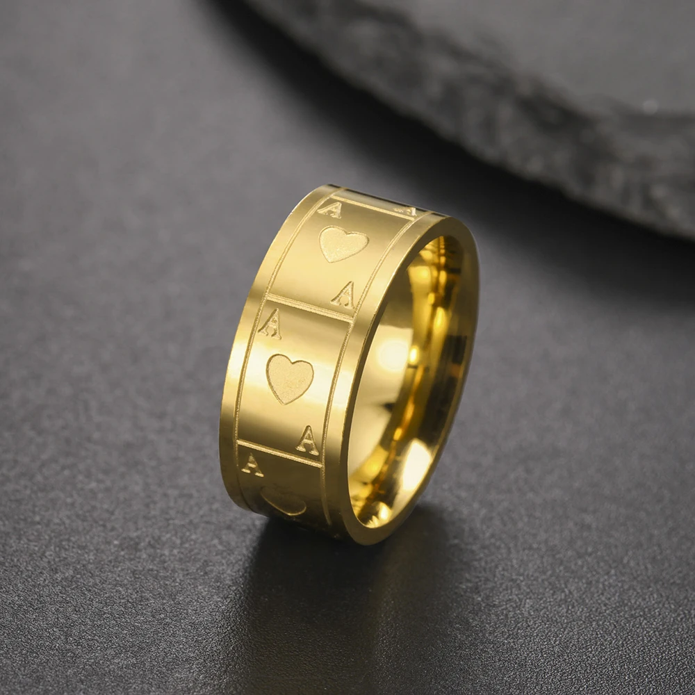 Dawapara Vintage Ace Poker Card Men Ring 8MM Unisex Luck Ring Ace of Love Stainless Steel Wedding Band Jewelry