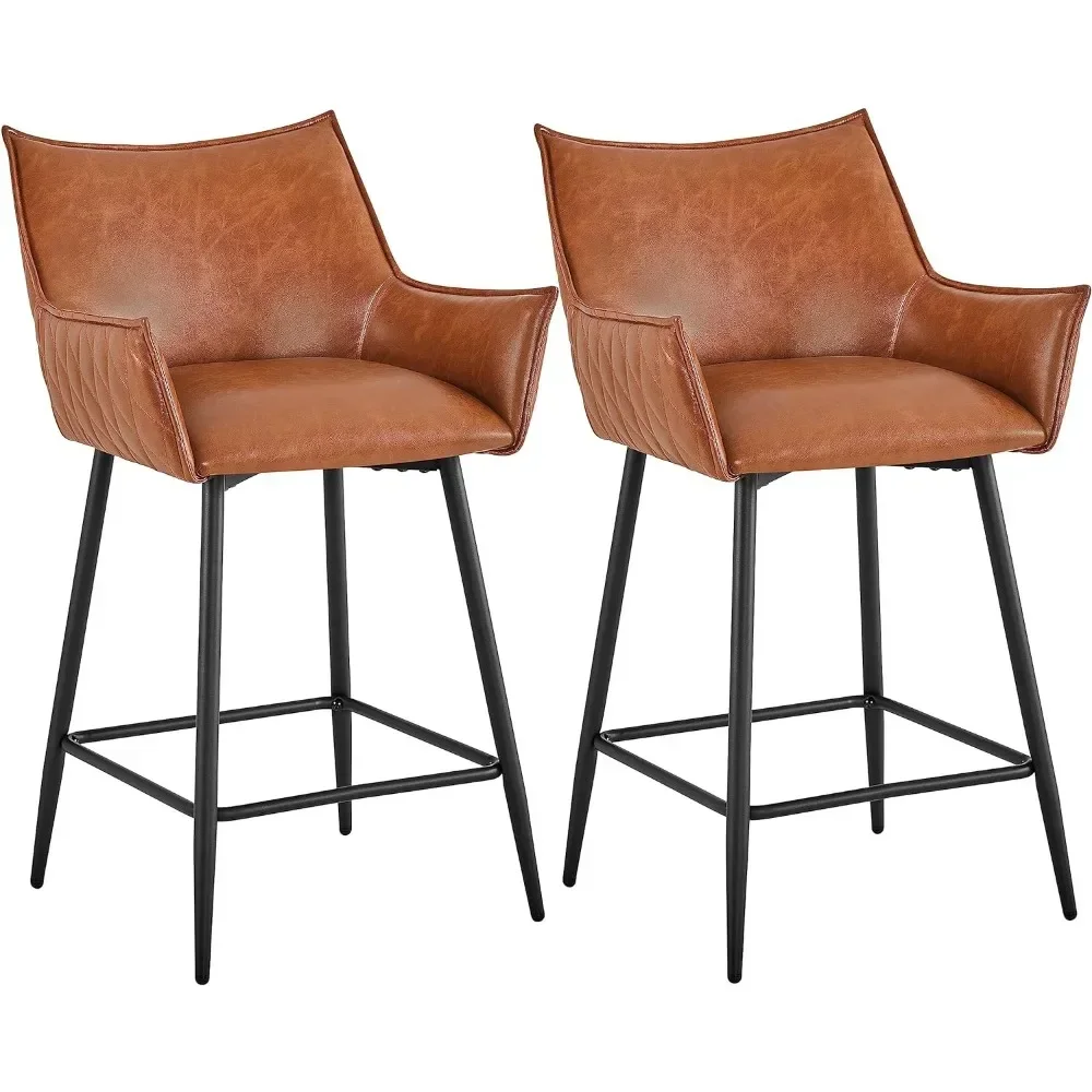 Bar Stools Set of 2 Modern Counter Height Barstools PU Leather Pub Kitchen Bar Chair with Black Metal Legs Mid-Back