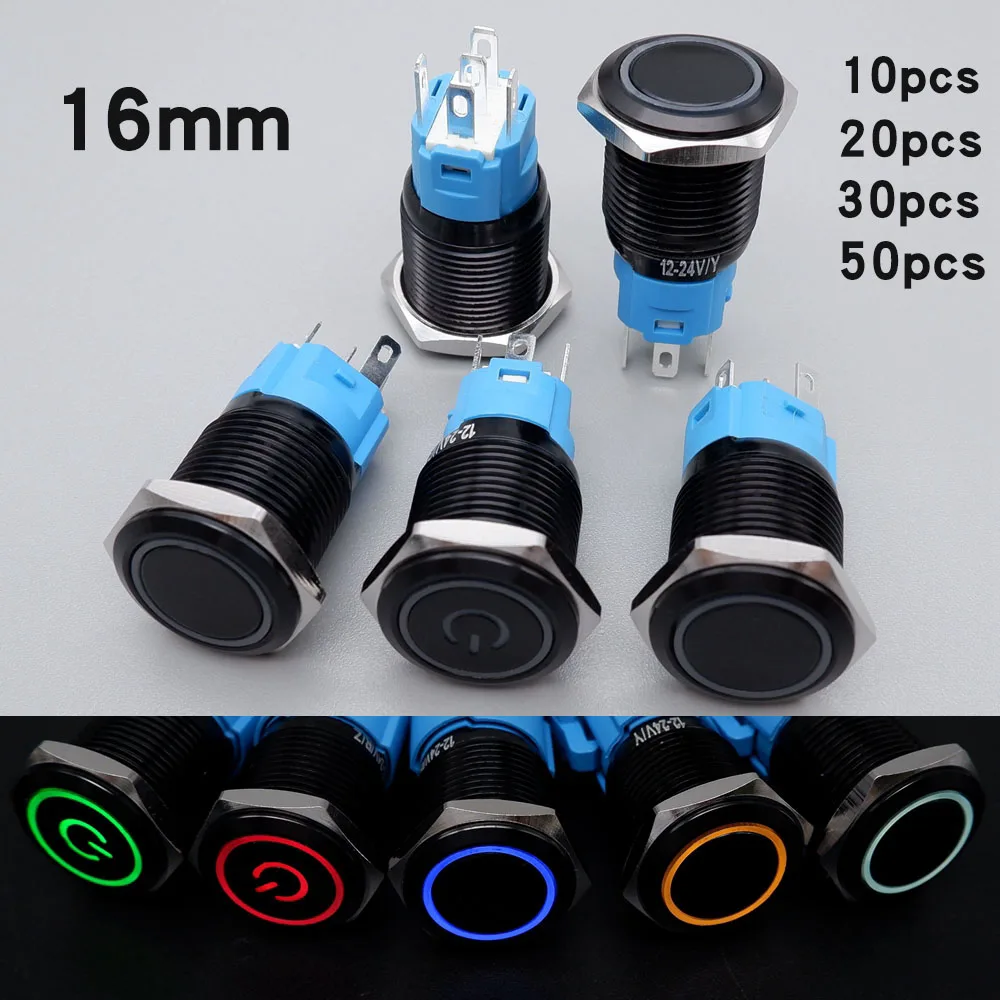 

Black Push Button Switch Led Light 16mm Waterproof Illuminated Metal Flat Head Momentary Latching with Power Mark 5V 12V 220V