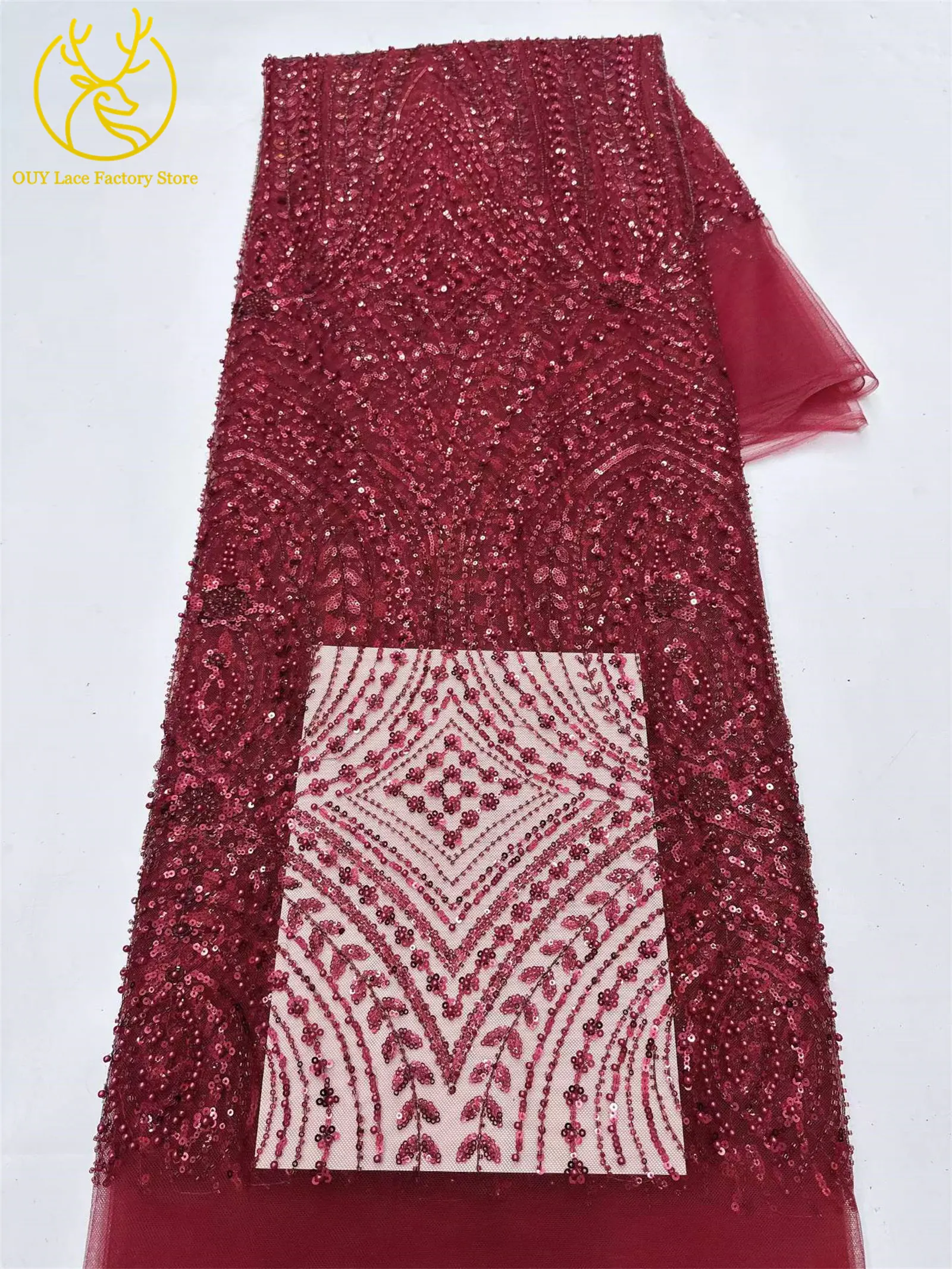 5 Yards afrikanischer Perlen-Pailletten-Spitzenstoff 2026 Hochwertiger nigerianischer französischer Tüll-Mesh-Spitzenstoff für Hochzeitskleider zum Nähen – Detail 16