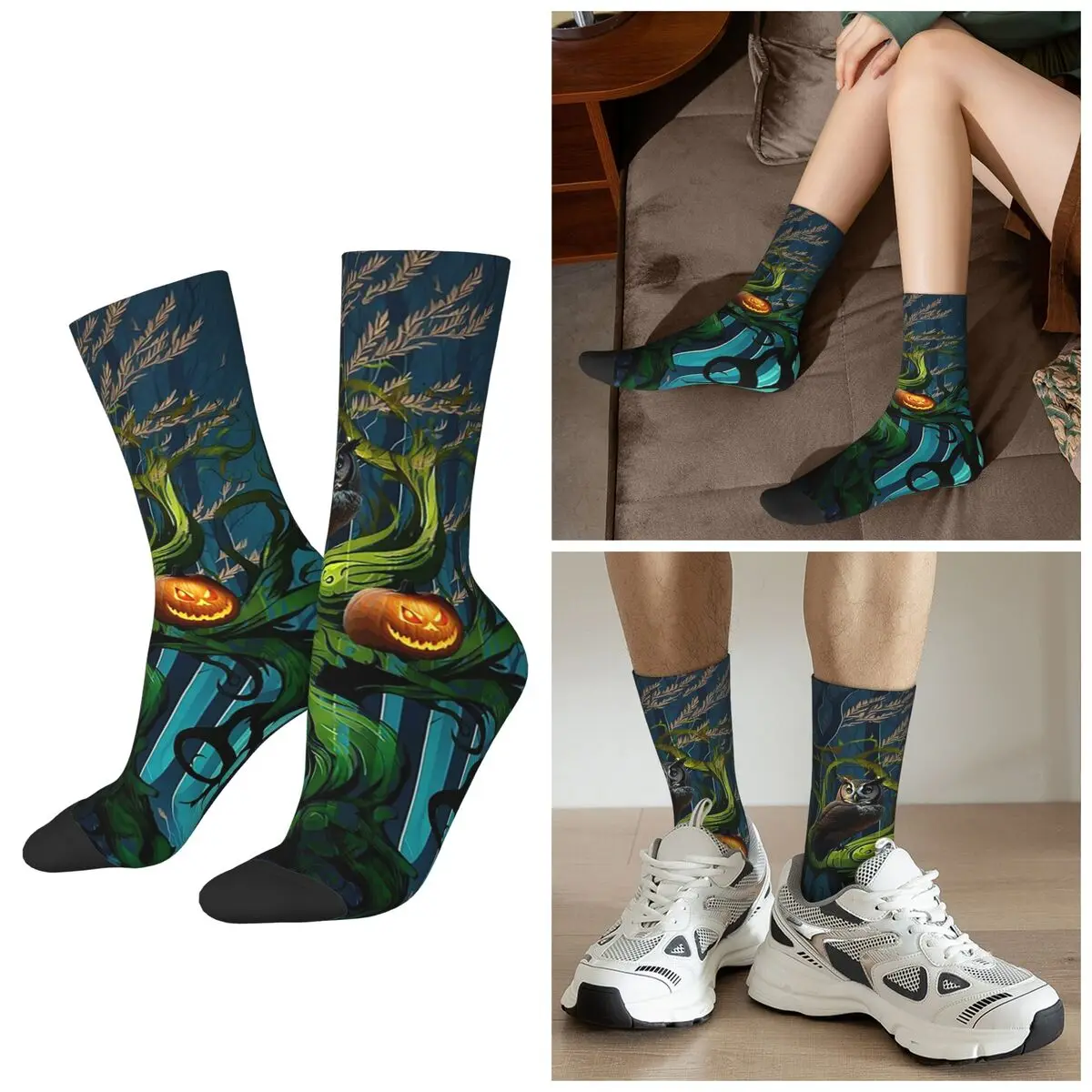 All Seasons Halloween Haunted Tree Monster Socks Harajuku Crew Socks Super Soft Stockings for Men Women Valentine's Day Gifts