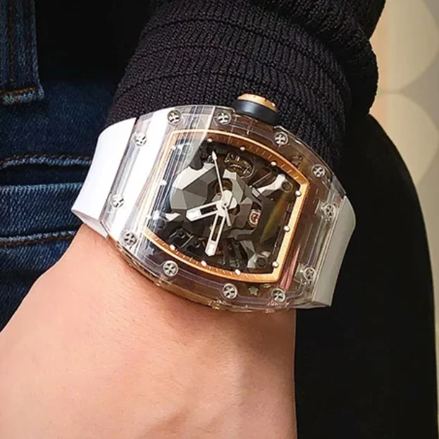 

CRONUSART Men Automatic Watch 50mm Tonneau Mechanical Wristwatch Sapphire Case Luminous Fluororubber Strap Skeleton Skull Dial