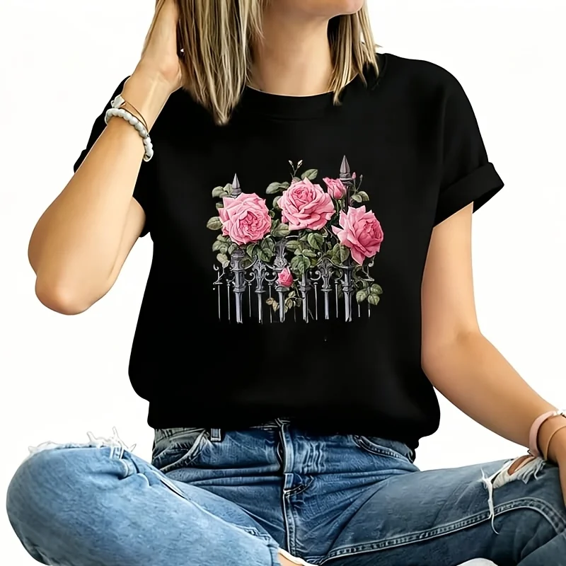 Pink Roses & Green Leaves Women's Plus Size T-Shirt 100% Cotton 220g
