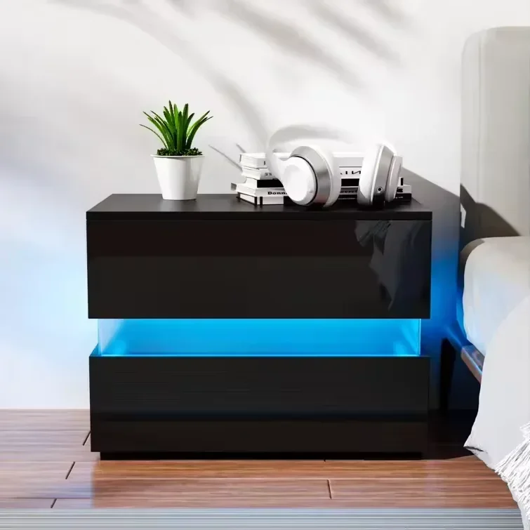 

# Docarelife Bedroom Furniture Black Morden Two Push Open Drawers Nightstand Color Change RGB LED Light Bedside Table #