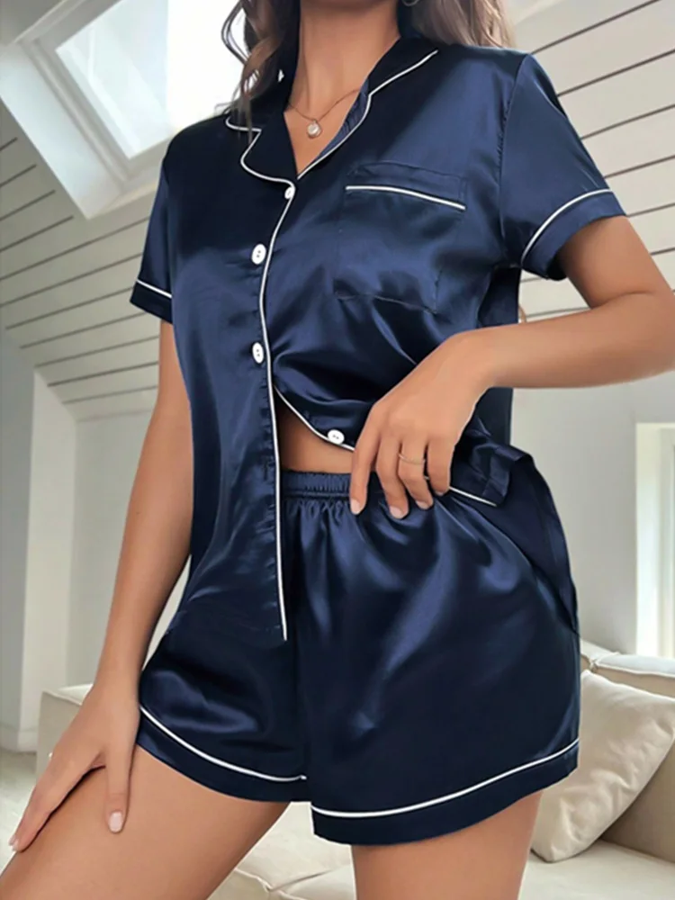 2024 Summer Fashion Satin Women Pajamas Set Solid Loose Button Short Sleeve Casual 2 Pieces Turn Down Collar Women Pajama Sets