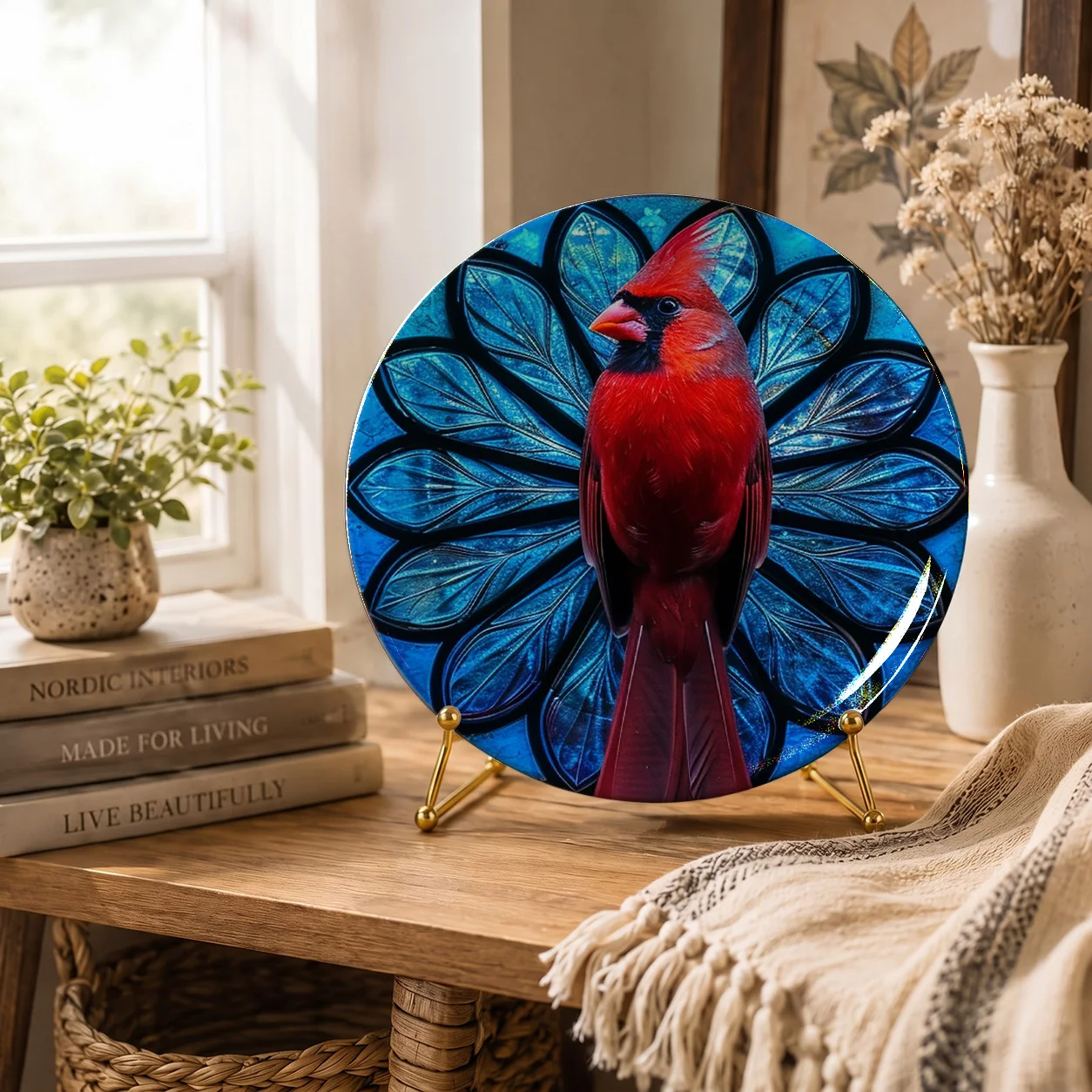 1pc Cardinal Bird Decorative Plate, Ceramic Round Display Plate, Blue Stained Glass Style Wall Decor, Shelf Decor Gift, 8 Inch