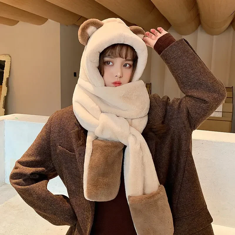 New 3pcs/set Thickened Bear Scarf, Hat & Glove Sets Women Cute Japanese Kawaii Winter Plush All-in-one Hooded Warm Gloves