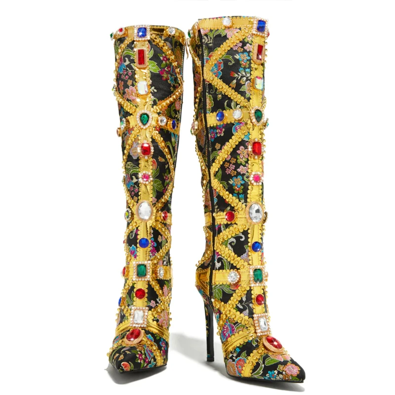 ارتفع الملونة الراين الذهب لهجات الديباج حذاء برقبة للركبة الأسود مطلية بالذهب حواف المطرزة أشار تو أحذية عالية الكعب #2