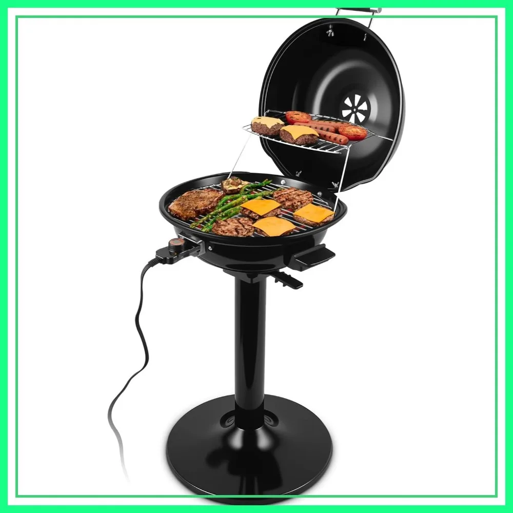 

1600W Electric Grill Indoor Outdoor with Lid, Adjustable Heat, Removable Stand for BBQ