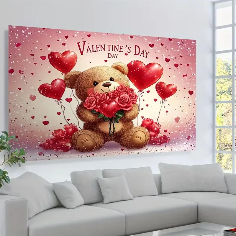 1PCS Digital Print Tapestry, Valentine's Day Cute Teddy Bear Red Rose Bouquet Heart Balloons, 3D Plush Texture Romantic Pink Sty