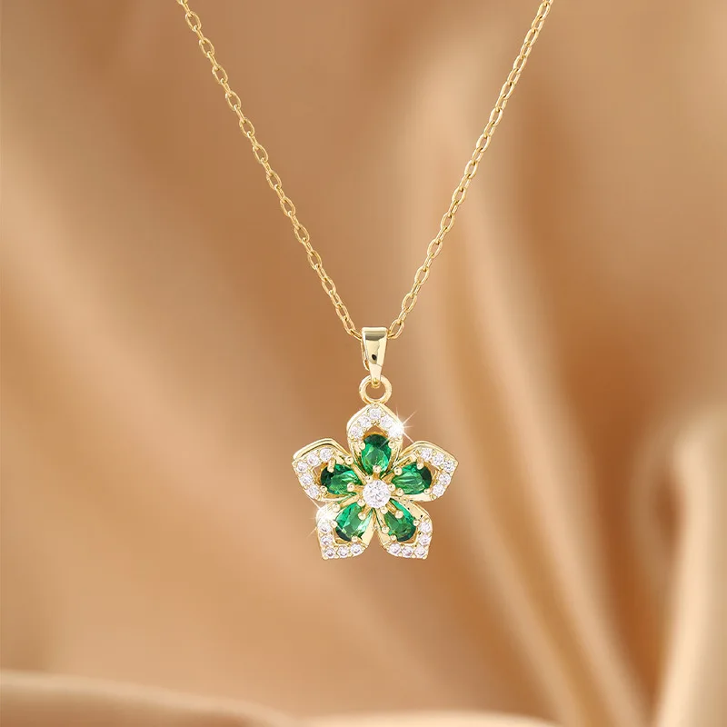 Charming Jacaranda Flower Windmill Pendant Necklace with Shimmering Cubic Zirconia and 360 Degree Rotation for Women