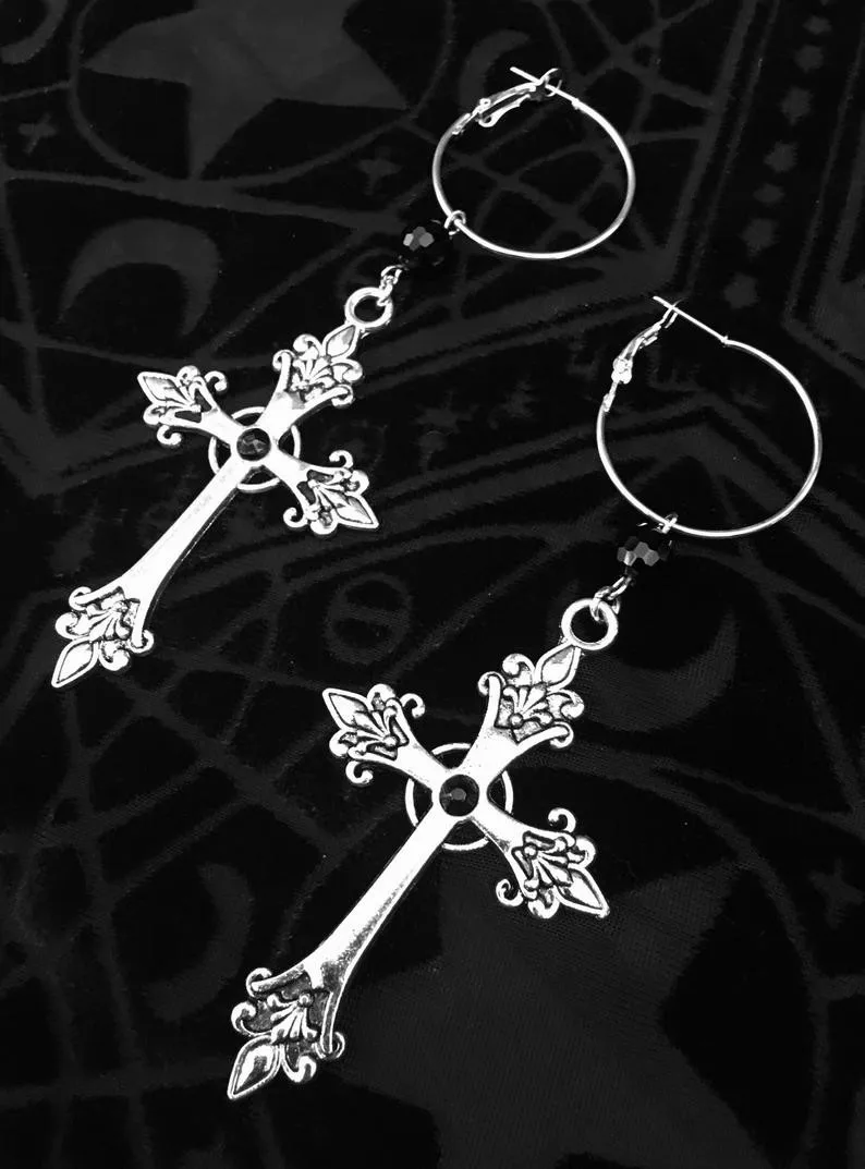 Pendientes de araña de cristal y granate de Cruz Negra gótica para mujer, declaración grande, moda gótica, regalo Medieval