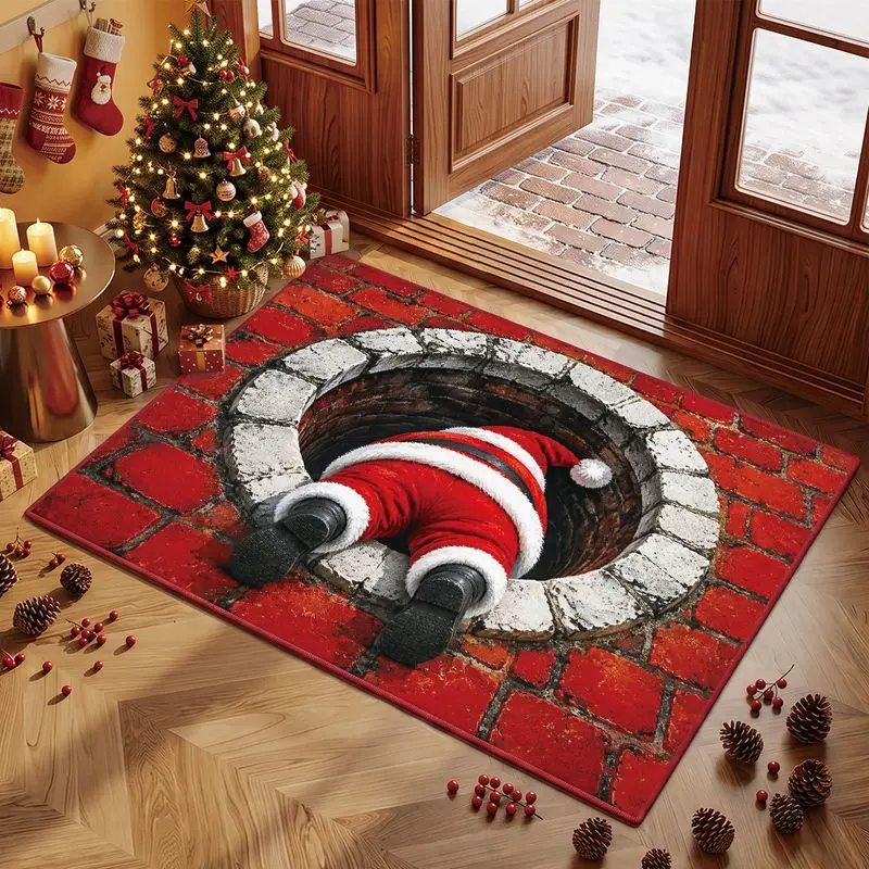 VIKAMA Christmas Door Mat Funny Santa Legs Stuck in Chimney 3D Brick Non Slip Soft Washable Absorbent Porch Rug Holiday Decor