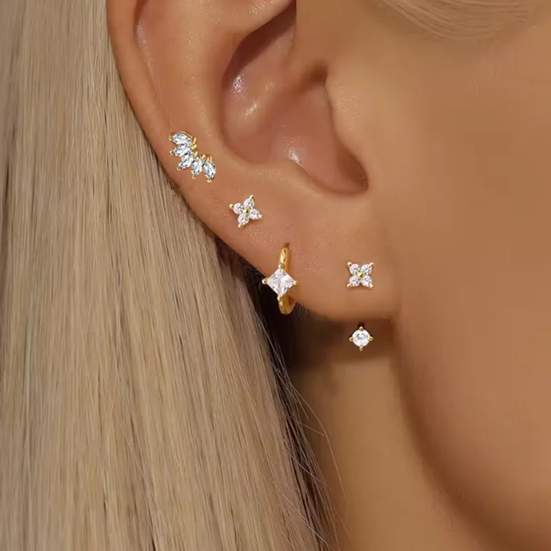 4PCS Zirkon Herz Mond Blume Kleine Hoop Ohrringe Set Für Frauen Edelstahl Huggies Anhänger Piercing Ohrringe Schmuck Aretes