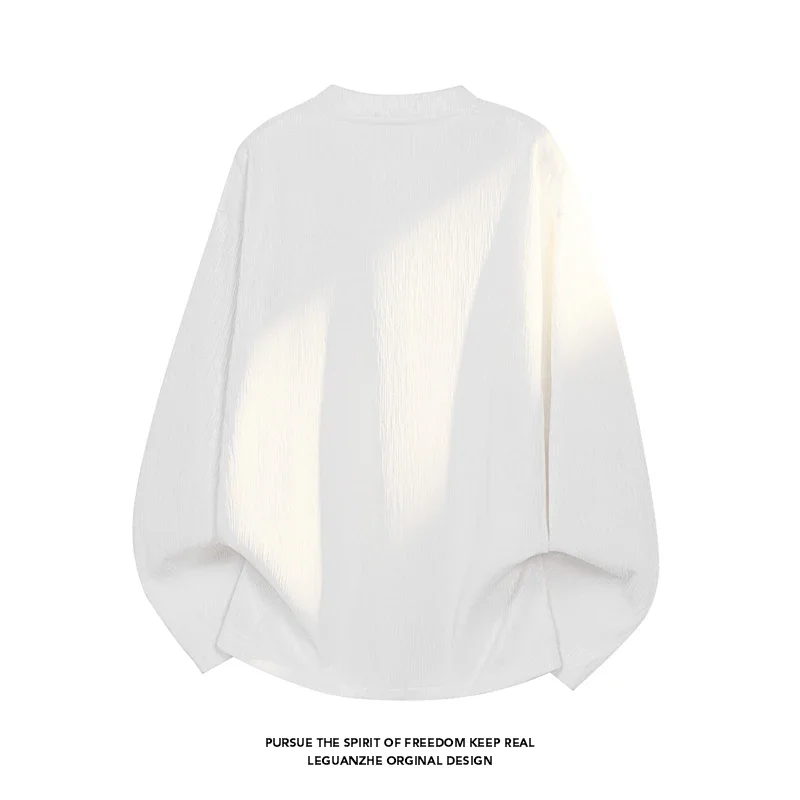 Mens Oversized V Notch Long Sleeve Top Crinkle Woven Texture Relaxed Silhouette For Casual Commute Leisure Daily Wear