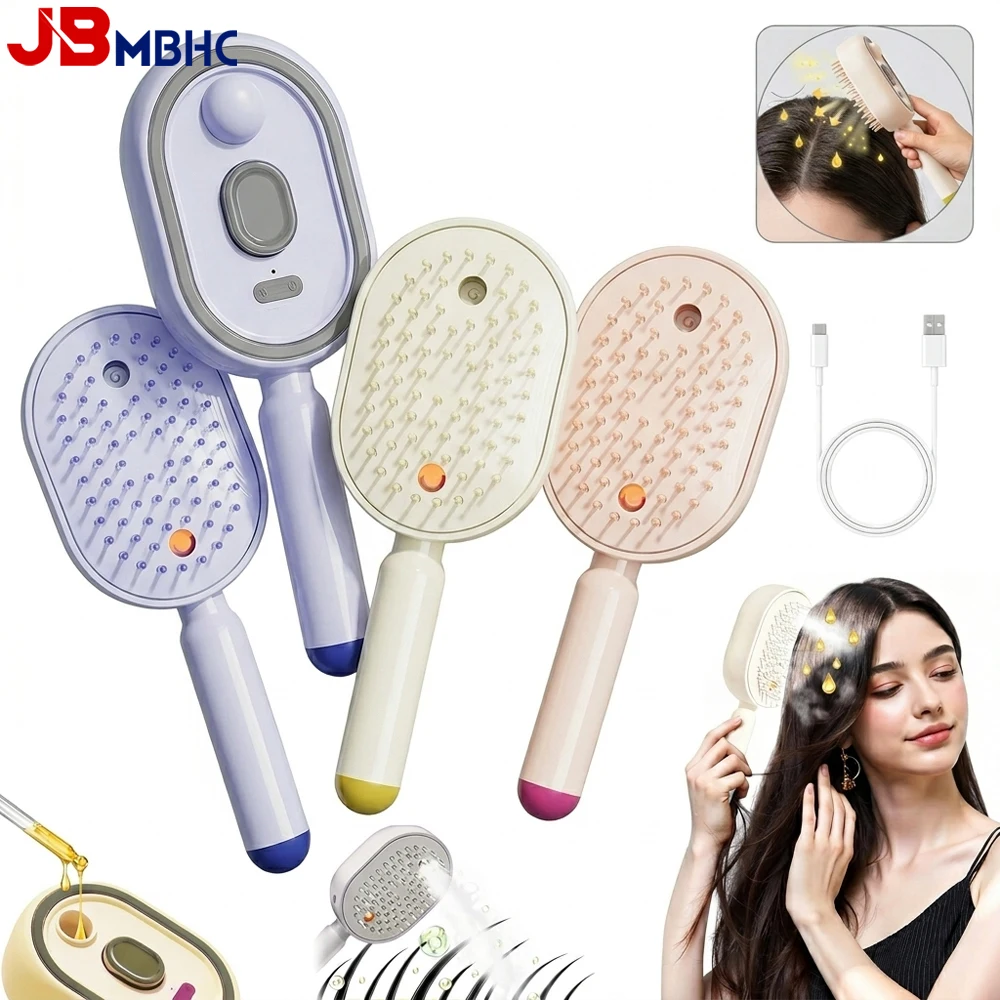 Electric Steam Brush, Spray Air Cushion Massage Comb, Rechargeable Mist Spray Detangling Hair Brushes, Self-Cleaning Anti-Tangle