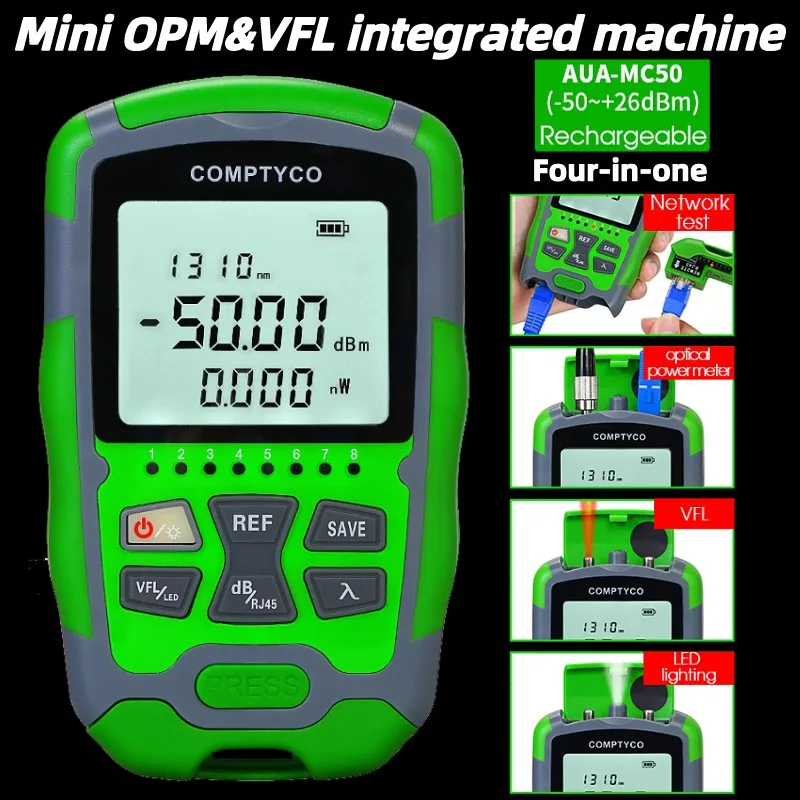 

AUA-MC50 Rechargeable Mini Optical Power Meter(OPM -50~+26dBm) + Visual Fault Locator(VFL 1-50mw) FTTH Fiber Optic Cable Tester