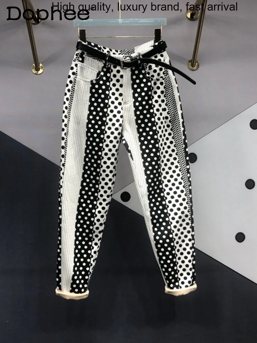 

Polka Dot Harajuku Printing Dyeing Denim Women 2023 Spring New Fashion All-Match Loose Slimming Skinny Jeans Haren Pants