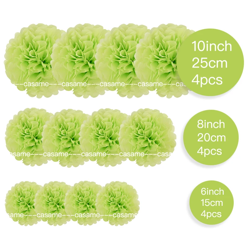 12-teiliges Pom-Pom-Set aus weißem und hellgrünem Papier – handgefertigte Weizenstrohblumen, geeignet für Hochzeit, Party, Wanddekoration