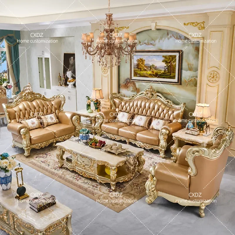 European leather combination sofa living room carved U-shaped champagne gold solid wood 123 villa high-end luxury Europe and