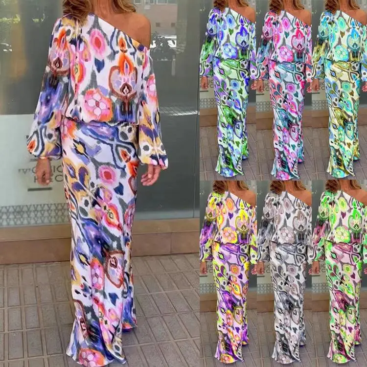

Loose Printed Long Sleeve Shoulder Bared Top And Fish Tail Long Skirt Set Women's Fashion Casual Style Three Piece Autumn Col...