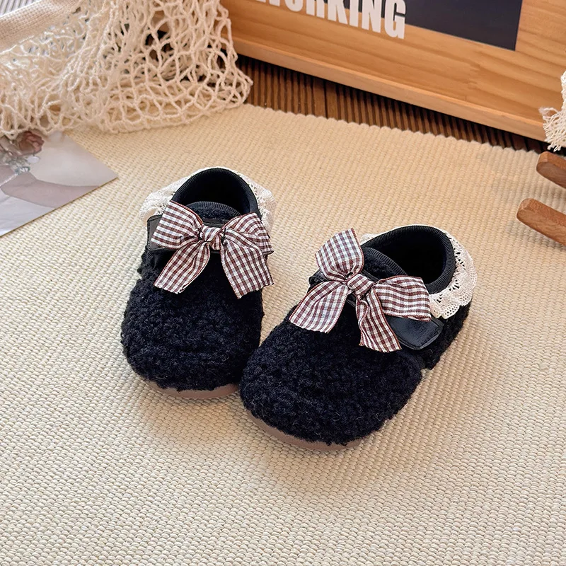 Girls Princess Shoes Sweet Bows Kids Suede Warm Shoes Comfortable 2025 Winter New Children Casual Flat Shoes Fashion Versatile
