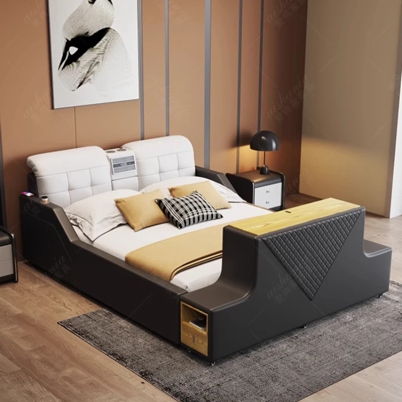 Ultimate Bed Frames Genuine Leather Multifunctional Bed With Massage Backrest, Bluetooth Speaker, Intelligent Lifting TV Cabinet