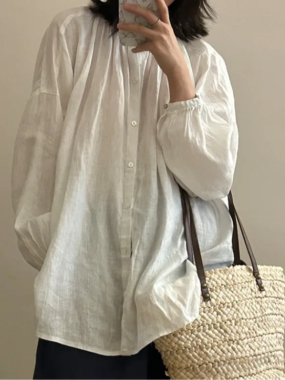

Свободная хлопково-льняная блузка с длинным рукавом, воротником-стойкой и плиссировкой, антивозрастная, весна 2026, женская модная повседневная удобная кофта