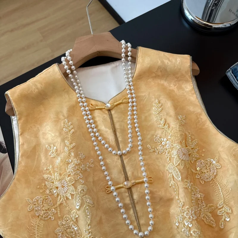 New Chinese Style Heavy Embroidery Sequin 3D Stitching round Neck Button Flower  Hemline Elegance Women's Vest Top