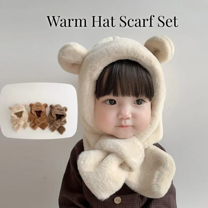 Warm Hat Scarf for Infant Baby Fashion Kawaii Cartoon Bear Ear Newborn Hat Winter Thicken Plush Warmer Toddler Beanie Scarf