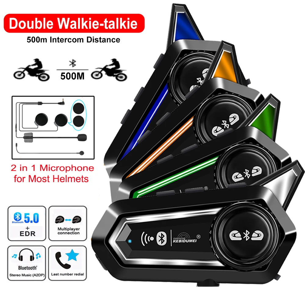 Bluetooth 5.0 Motorcycle Helmet Intercom Headset 500M Interphone Communicator for 2 Riders Waterproof With Emergency Lighting