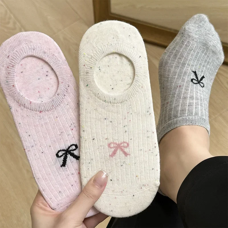 Women Thin Dot Yarn Bowknot No-show Socks Summer Breathable Anti-heel Fall Off Pure Cotton Simple Low-cut Shallow Invisible Sock