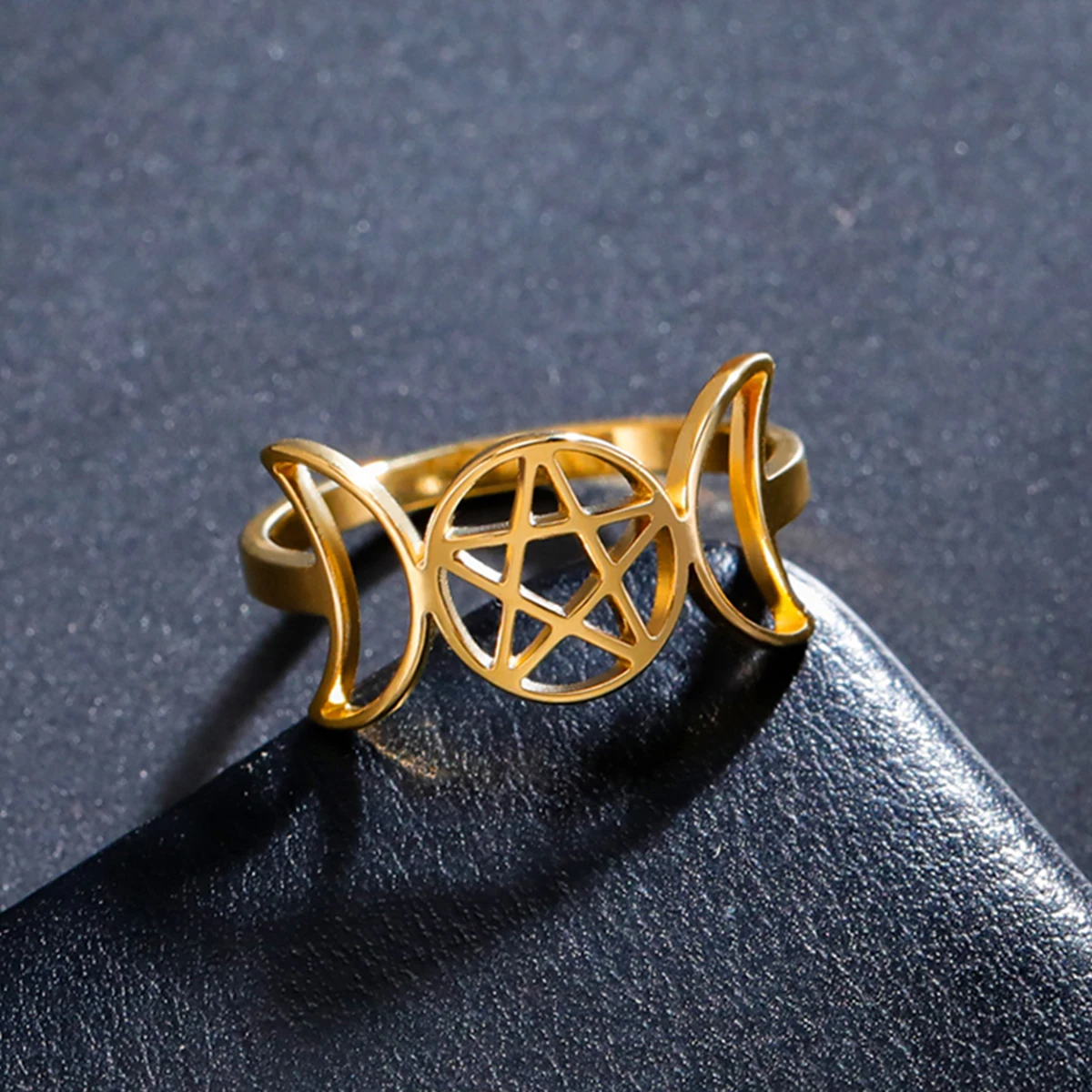 LIKGREAT Triple Moon Pentagram Ring for Women Stainless Steel Finger Ring New In Supernatural Pentacle Wicca Amulet Jewelry Gift