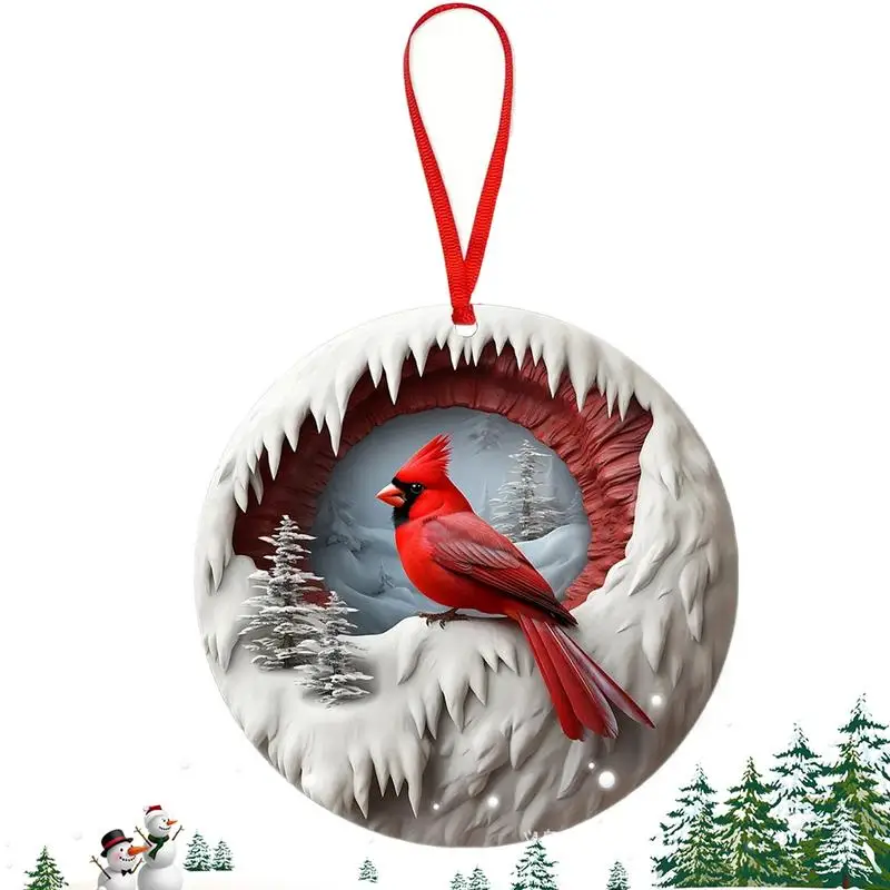 Red Bird Car Charm Round Wooden Red Bird Ornament Christmas Keepsake 2D Christmas Wooden Ornaments Red Birds Hanger Sign