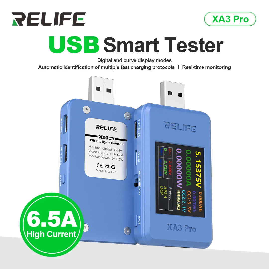 

RELIFE XA3 Pro USB-умный тестер Автоматическая идентификация нескольких протоколов быстрой зарядки USB-интеллектуальный детектор