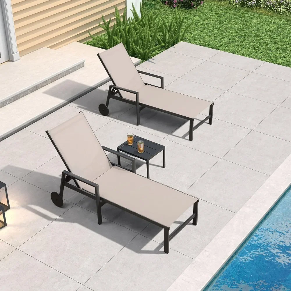 2 Pieces Outdoor Chaise Lounge Patio Lounge Chair with Wheels and Armrests Outdoor Lounge Recliner Chair for Pool Backyard Beach