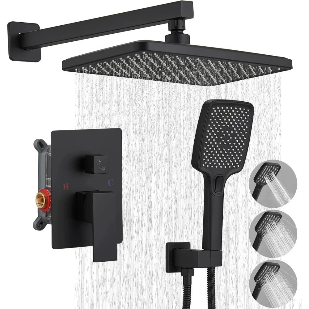 Black Shower System 12 Inch Rain Head Wall Mount Faucet Set with 3 in 1 Handheld head Rain Combo