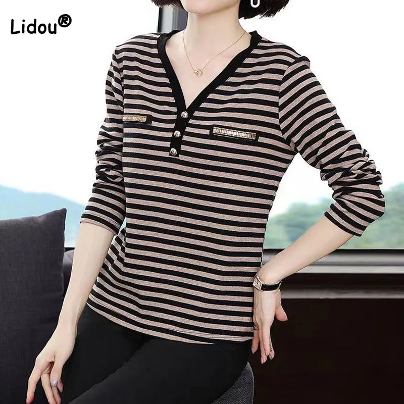 

Women's Clothing Casual Commute V-Neck Striped Printed T-shirt Fashion Spring Vintage All-match Spliced Long Sleeve Tops Female