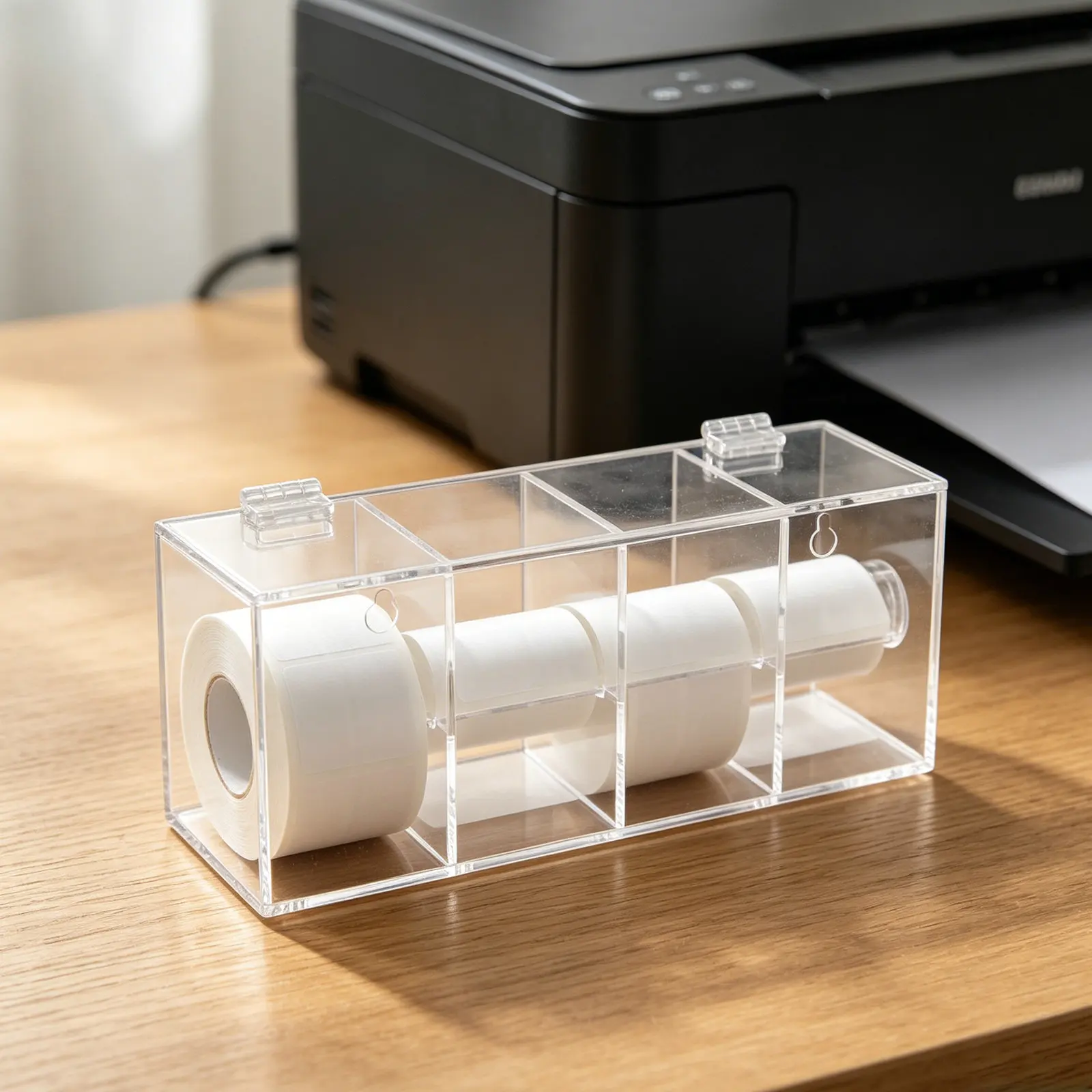 4 Compartment Clear Acrylic Sticker Roll Holder Desktop Label Organizer Box for Office Desk Craft Tape Storage