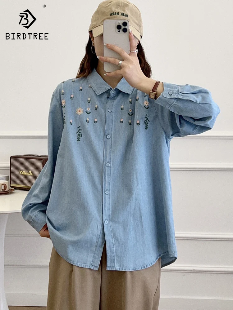

New 2026 Spring Women Long Sleeve Denim Shirt, Turn-down Collar Embroidery, Mori Girl Casual Japan Style Loose Blouse T63454CC