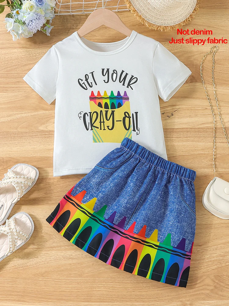 2pcs  Girls summer letter print short-sleeved T-shirt and faux denim print effect casual skirt sets